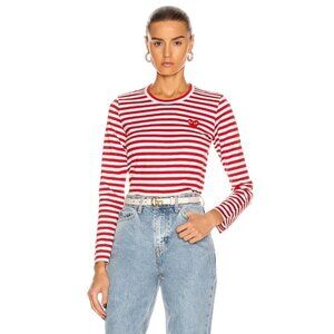 COMME des GARCONS PLAY Striped Cotton Red Emblem Tee in Red XSmall New Womens